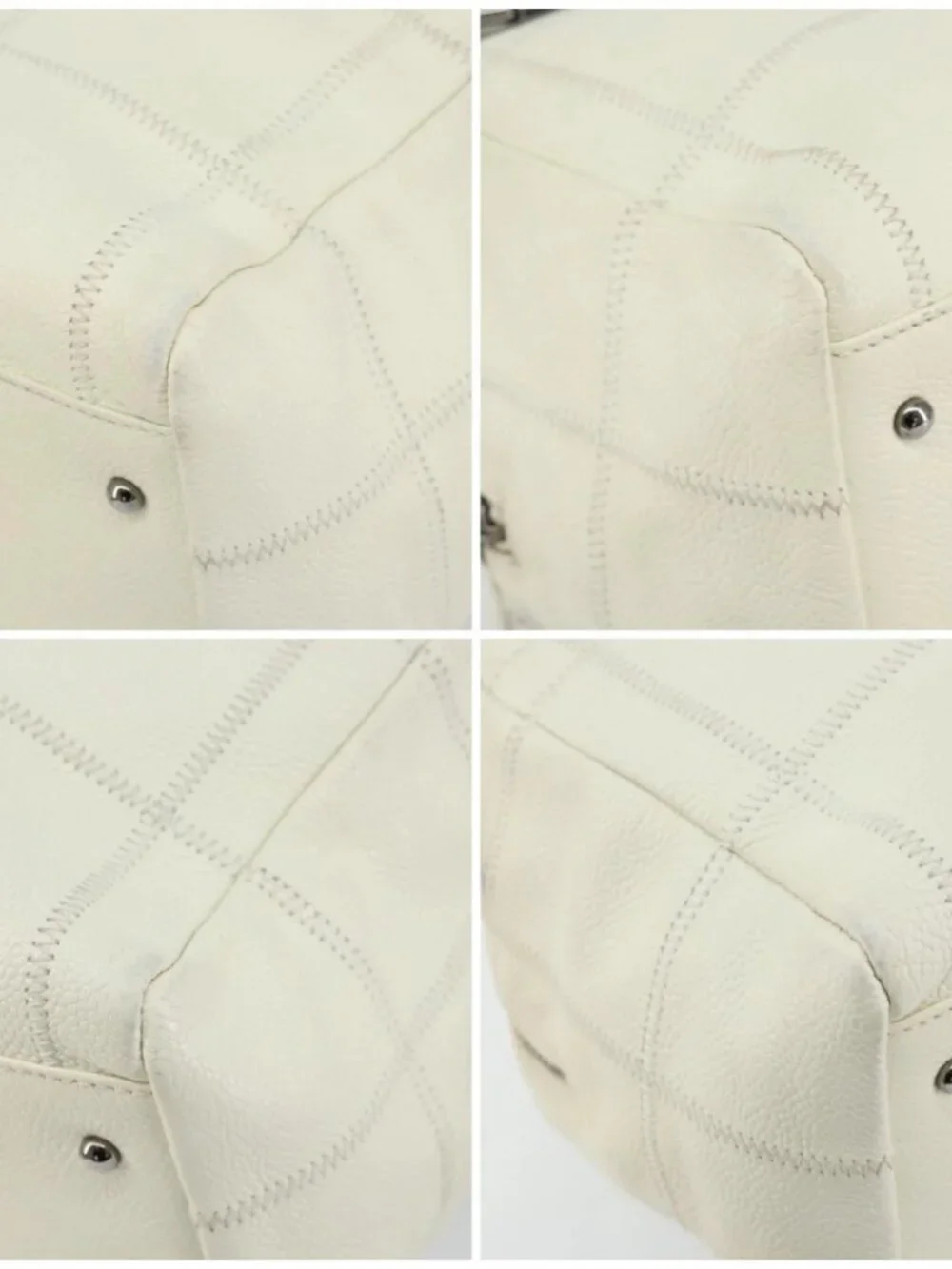 CHANEL Choco Bar Shoulder Bag Grained Calf Skin White Silver CC Auth bs30605